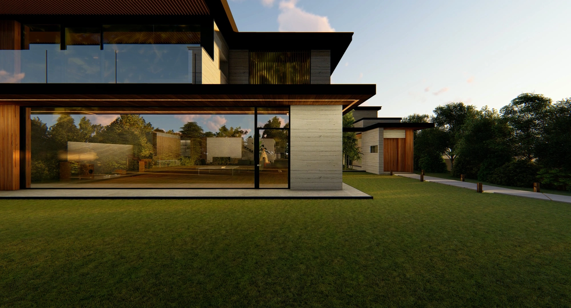 A shot from the film Parasite showing the exterior of the Park family's home. It is a sleek, modern house with lots of glass windows reflecting natural light, as well as a large, neatly cut lawn.
