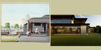 Left: A painting depicting a light blue and brown 18th century house typical of traditional Chinese architecture. Sat outside are a woman and child reeling skeins of silk into bobbins, as well as other figures carrying trays of food and large bindles. Right: A shot from the film Parasite showing the exterior of the Park family's home. It is a sleek, modern house with lots of glass windows reflecting natural light, as well as a large, neatly cut lawn.