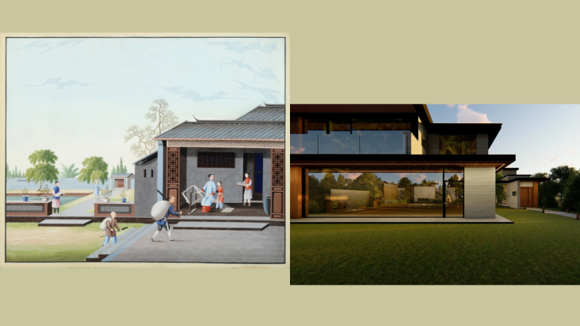 Left: A painting depicting a light blue and brown 18th century house typical of traditional Chinese architecture. Sat outside are a woman and child reeling skeins of silk into bobbins, as well as other figures carrying trays of food and large bindles. Right: A shot from the film Parasite showing the exterior of the Park family's home. It is a sleek, modern house with lots of glass windows reflecting natural light, as well as a large, neatly cut lawn.