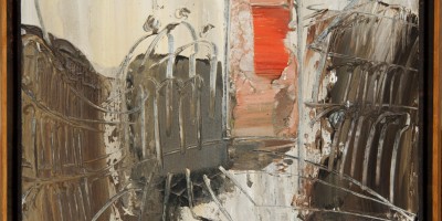 An oil painting on board, featuring varied brushstrokes of brown, white and red paint to create an abstract representation of the Piazza San Marco, Venice.