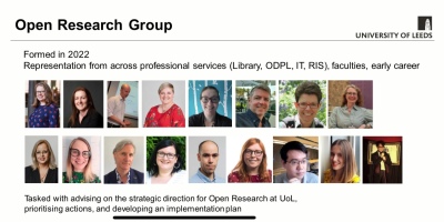 Slide image showing members of The University of Leeds Open Research Advisory Group (ORAG) is tasked with advising the strategic direction for Open Research at UoL.