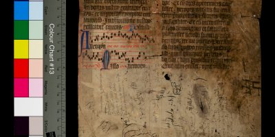 rectangular fragment of vellum with writing in medieval script in black. There is a small musical score. The sheet is covered in doodles.