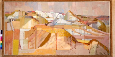 A colourful abstracted Tuscan landscape with hills in the foreground and in the distance.